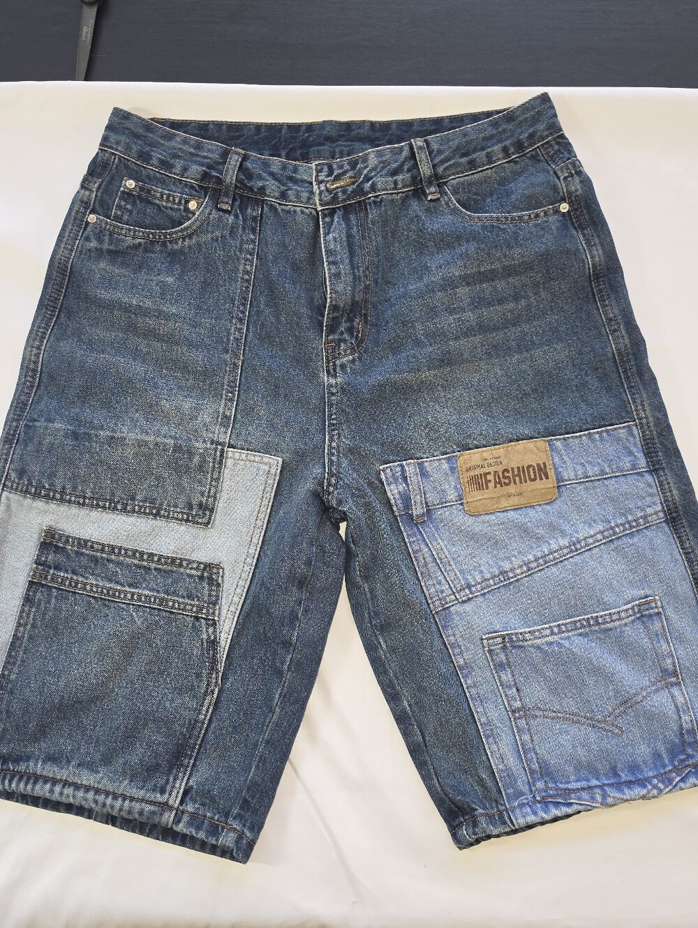 Fashion Patchwork Denim Women's Jean Shorts - Blue